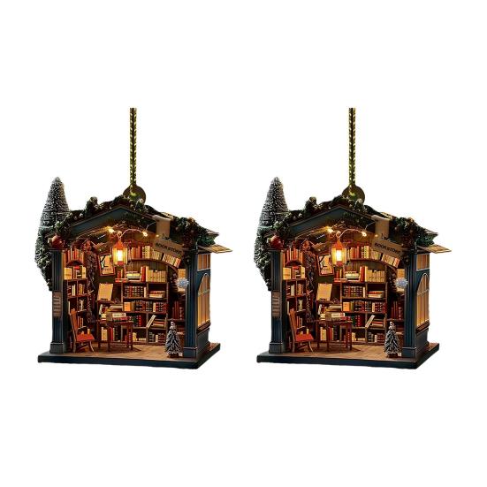 1Pc/2Pcs Christmas Bookstore Ornament Acrylic 2D Flat Book Store Ornament Xmas Tree Hanging Decoration for Book Lovers