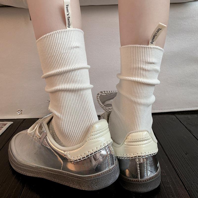 Heel Cloth Label Socks for Women, Solid Color Striped Mid-calf Socks, Spring and Autumn Trendy Pile Socks, Grey Socks
