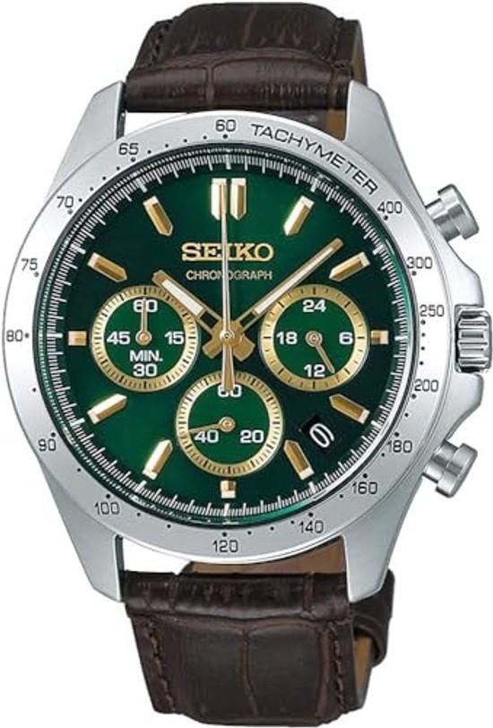 Seiko Мужские кварцевые наручные часы с секундомером 1/5 секунды SBTR017 Зелено-коричневый кожаный ремешок