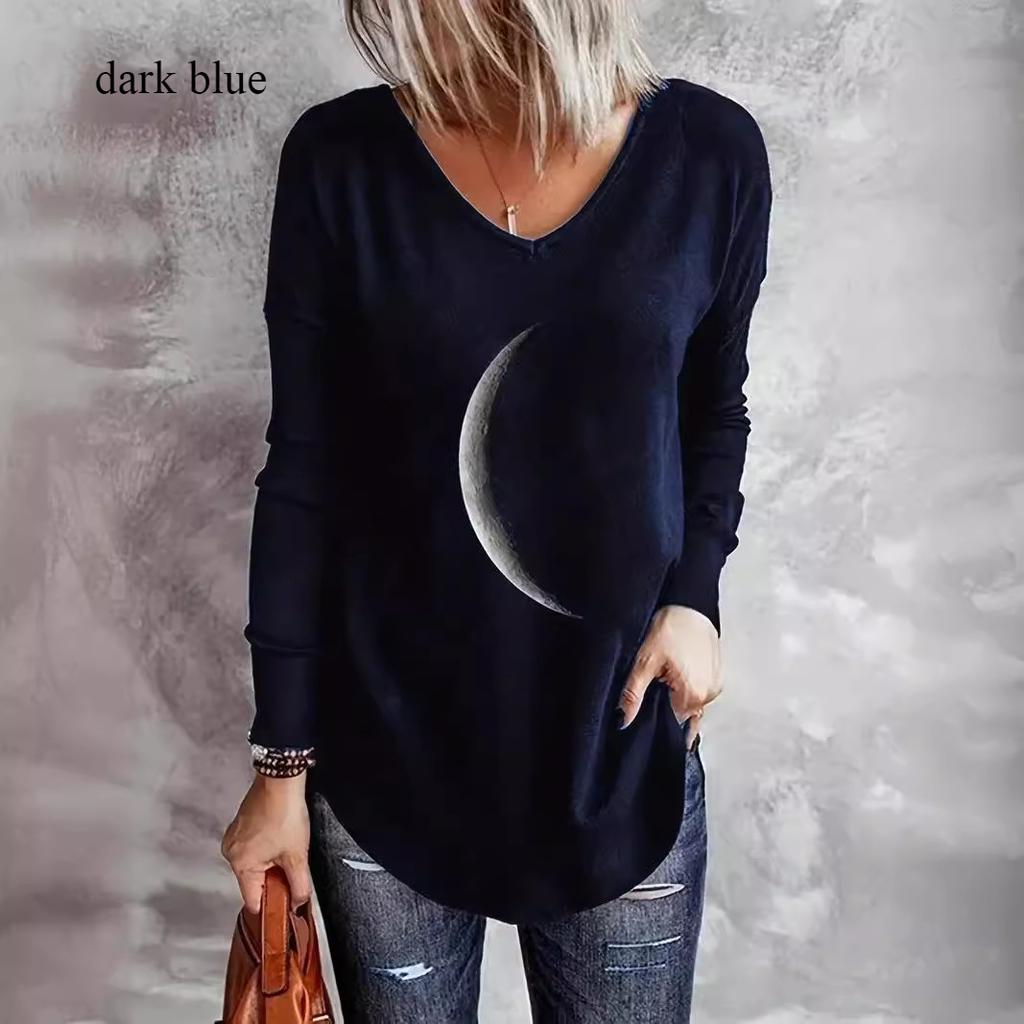 Animal Letters Feather Moon Printed 3D T Shirts Plus Size Black Tees Women Fashion V Neck Long Sleeve T Shirt