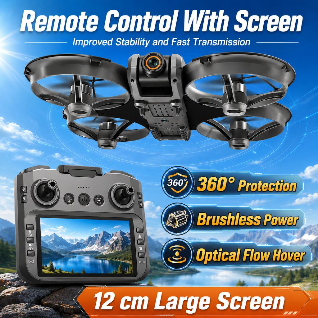 S156 Remote Control Drone 8K Dual Camera Foldable Quadcopter with 5.9inch Screen Remote Brushless Motor Optical Flow Hovering 360° Protection WiFi FPV