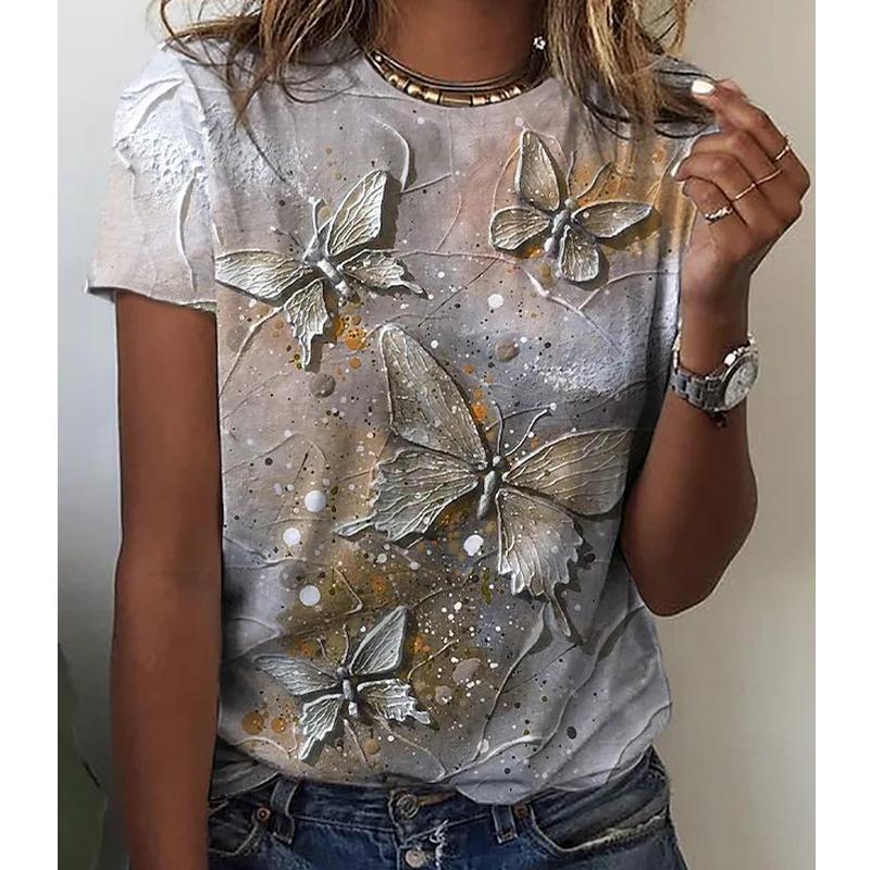 Women Summer T Shirt Trend Butterfly Print Retro Fashion Short Sleeve Tees Casual Printed Tops