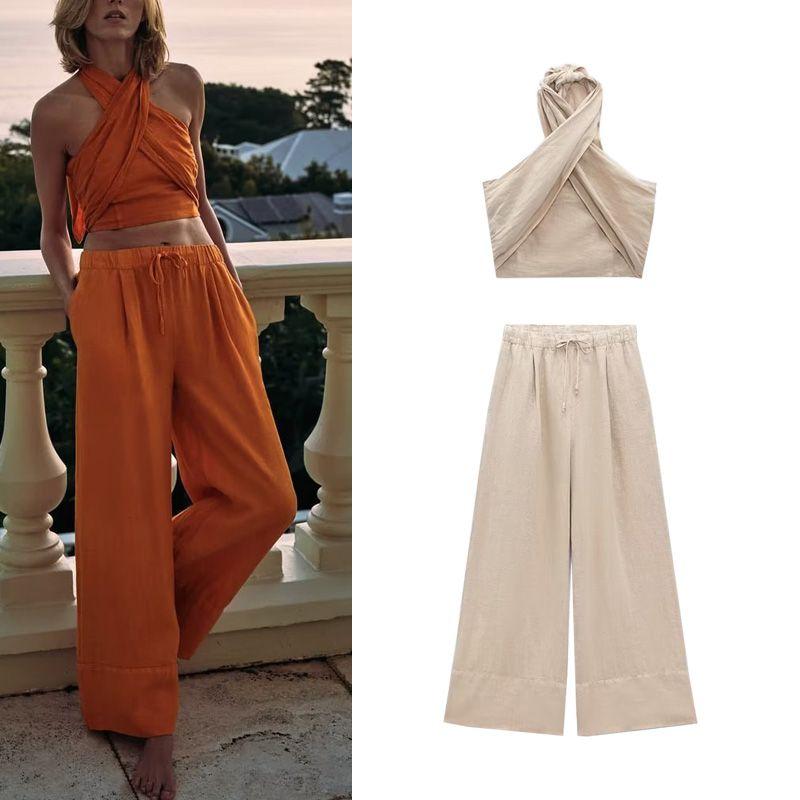 Spring New Arrival Casual Two-Piece Suit Hanging Collar Linen Tops 4043249 Linen Wide Leg Pants 4043243