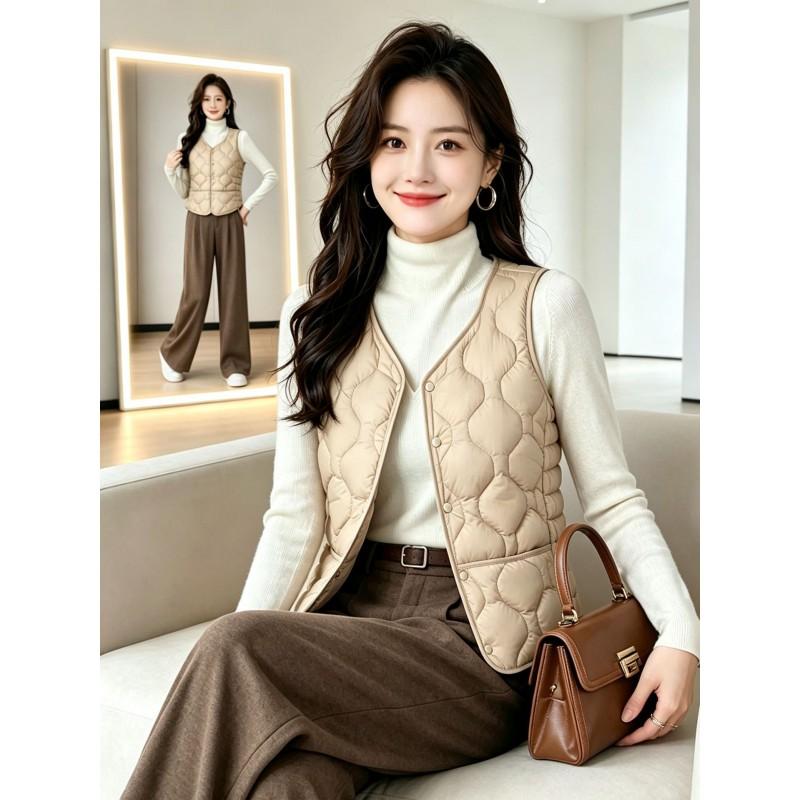 Womens V-Neck Short Puffer Vest 2026 Winter Warm Fleece-Lined Slim Fit Sleeveless Waistcoat With Pockets