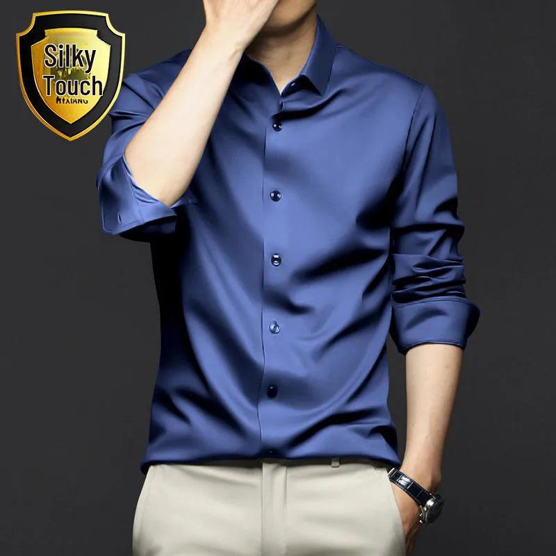 Men's Slim Fit Long Sleeve Korean Style Casual Shirt - Black/White, Non-Iron, High-End Trendy Design