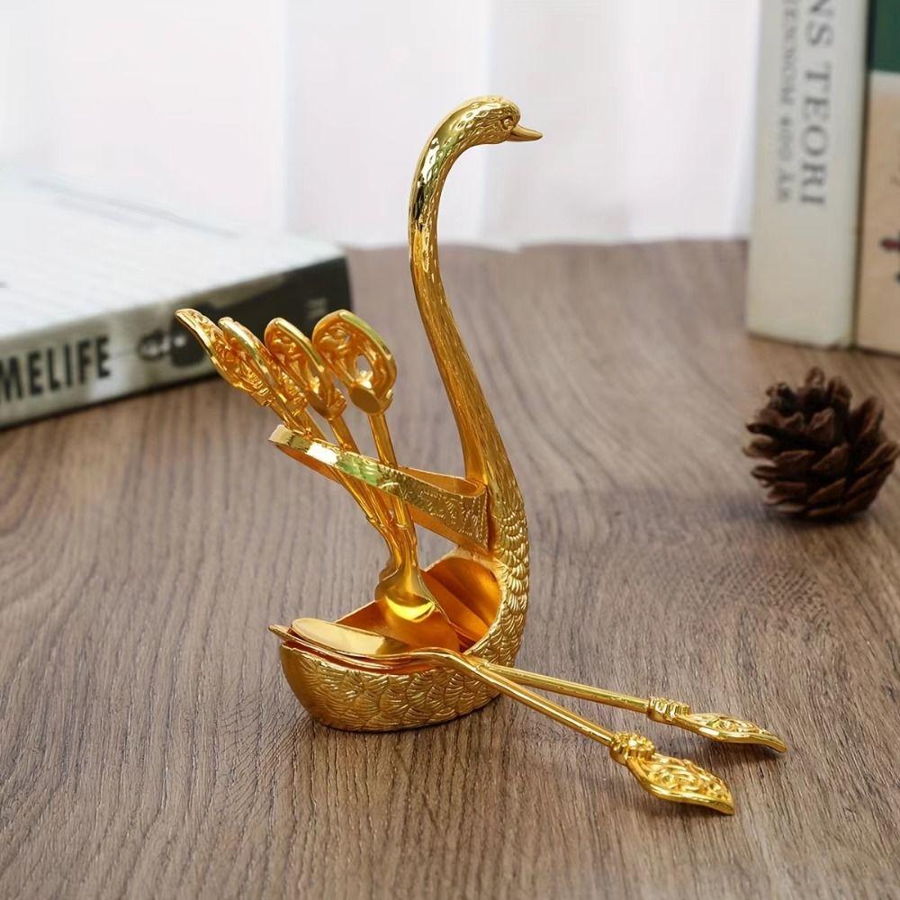 6Pcs Zinc Zinc Zinc Alloy Luxury Dessert Utensils with Swan Shaped Base Dessert Spoon Kitchen