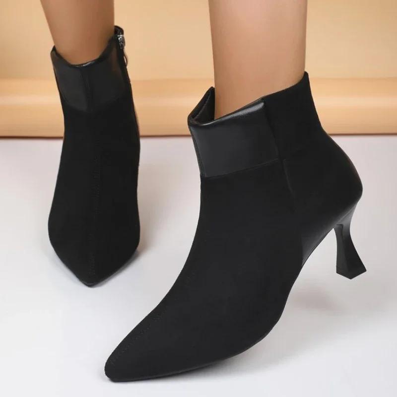 2024 Осенние ботильоны на высоком каблуке, женские ботинки с леопардовым принтом больших размеров, женские туфли с острым носком в стиле ретро, с боковой молнией