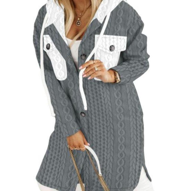 Женский длинный кардиган, большой кардиган с капюшоном, уютный свитер с капюшоном, пальто с витым узором, контрастный цвет для женщин, плотная куртка