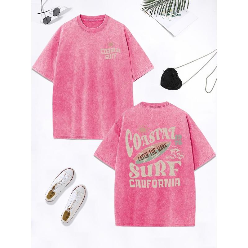 Coastal Surf Catch The Wave California Prints Washed T-Shirt Women Cotton Oversize Tops Distressed O-Neck T Shirt Summer Clothes