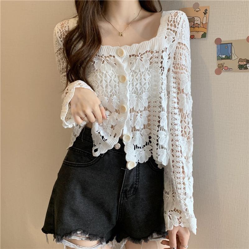 Ladies Hollow Top Women Summer New Long Sleeve Solid Color Square Neck Short Lace Cardigan Fashion Casual Button Female