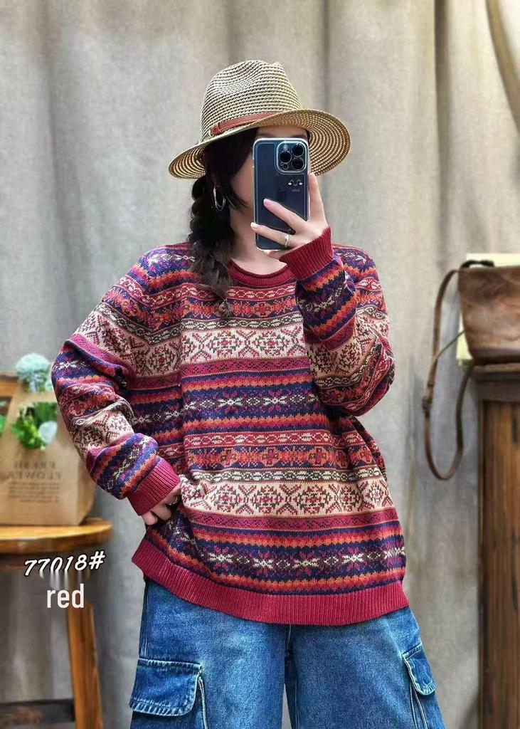 Women's Jacquard Sweater - 2026 Autumn/Winter Korean Style, Loose Fit, Casual Round Neck Pullover Knitwear