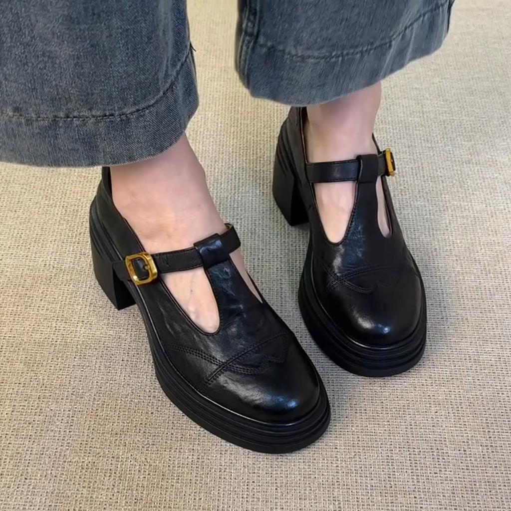 Platform Thick Heel British Style Retro Small Leather Shoes Women's Loafers Round Head Single Shoes Mary Jane Shoes
