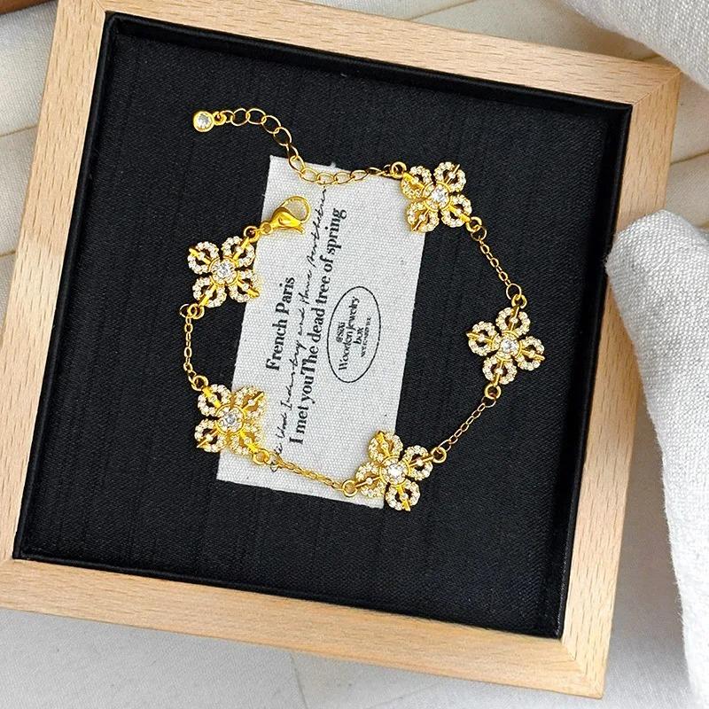 Real Gold New Chinese Style Full Diamond Five-flower Cross Vajra Bracelet Women Four-leaf Clover Bracelet