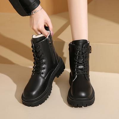 Короткие плюшевые ботильоны на платформе, женские модные мотоциклетные ботинки с пряжкой на толстой подошве, женские ботильоны из искусственной кожи на шнуровке Mujer