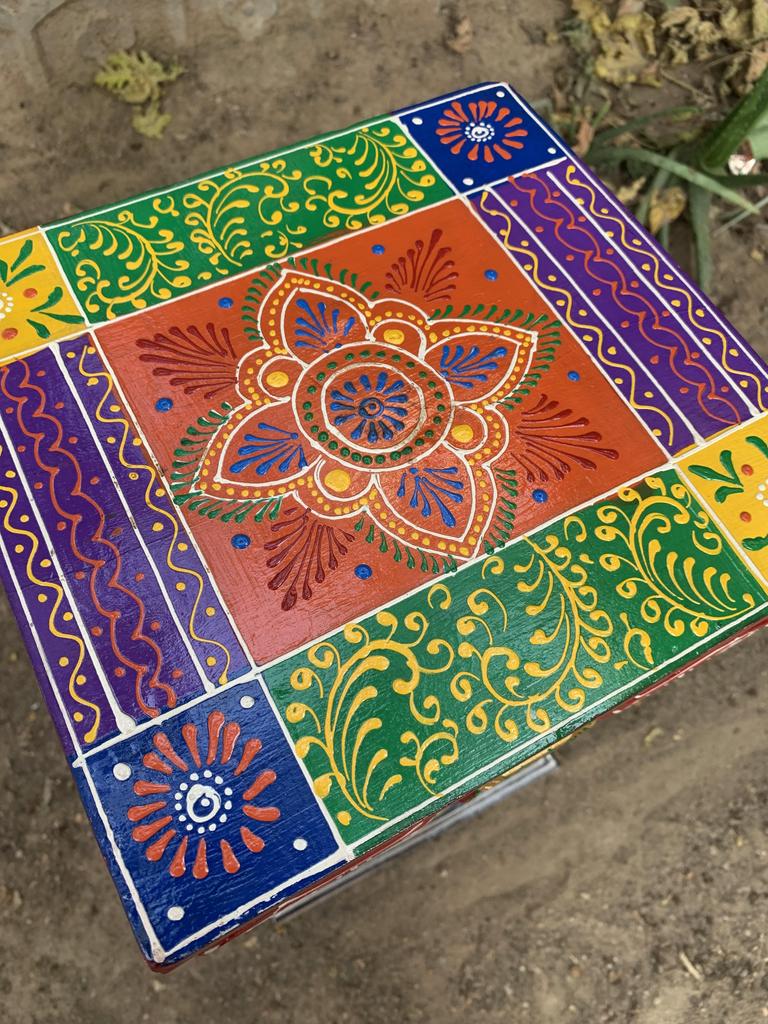 Hand Painted Wooden Chowki Pedestal Table | Indian Folk Art Statue Stand