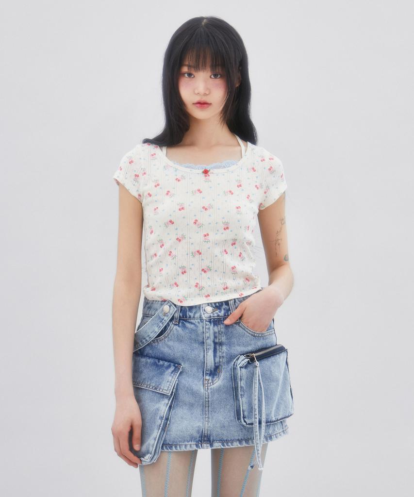 LALAFOX Cherry Pattern Lace T-Shirt Lace Short Sleeve T-Shirt Ivory Br2Ch033