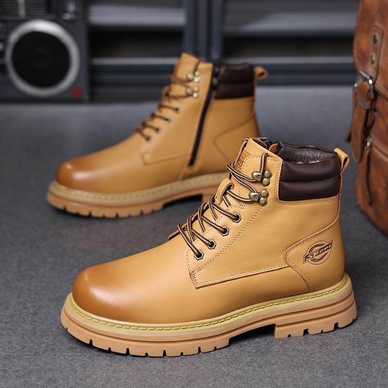 First layer cowhide men's rhubarb boots genuine leather wool Martin boots velvet warm outdoor men's fashion men's shoes boots