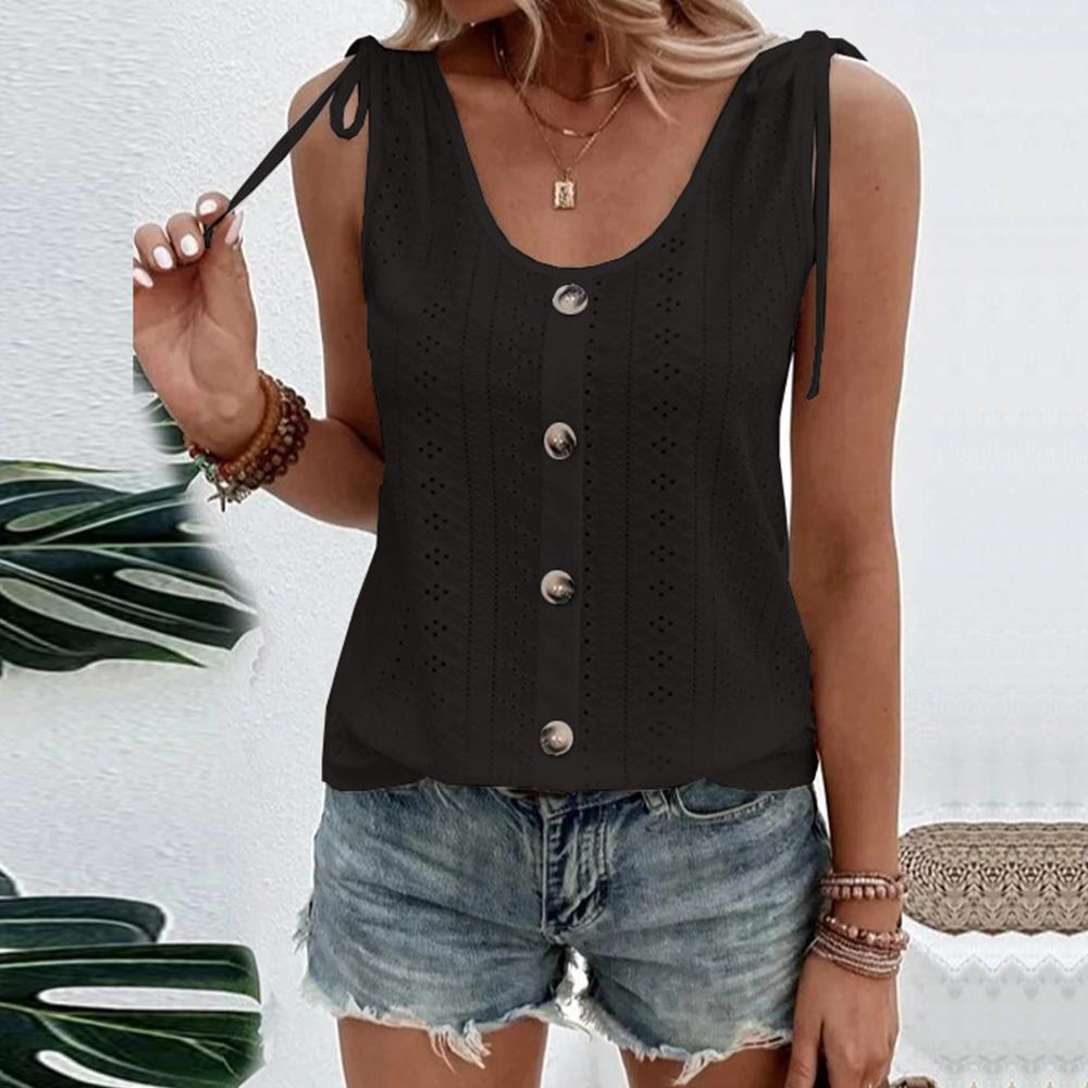 Womens Button Strappy Solid Casual Tank Ladies Summer Loose Beach Sexy Vest Tops
