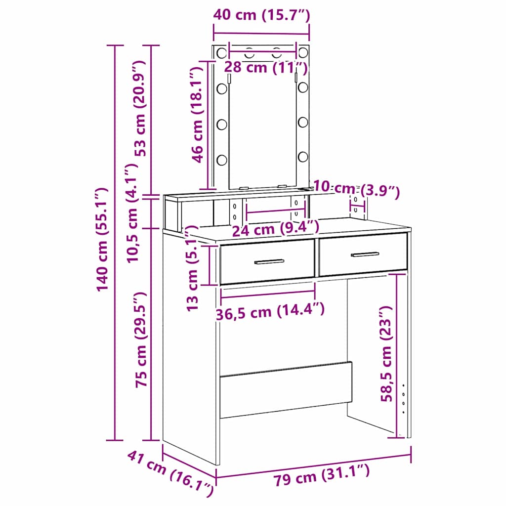 Makeup Table with Drawers Gray 79 x 41 x 140 cm Engineered Wood