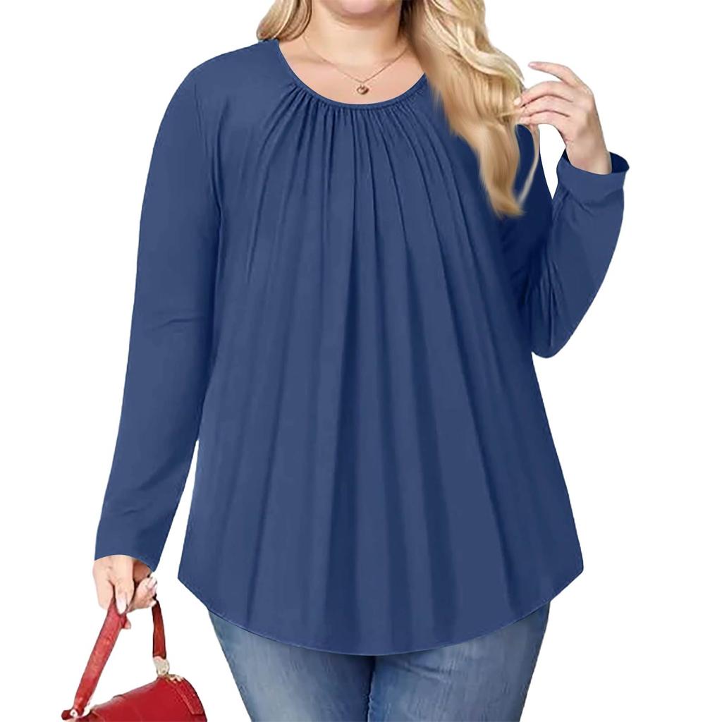 Women's Plus Size Fashion Solid Colour Casual Pleated Round Neck Long Sleeve Top