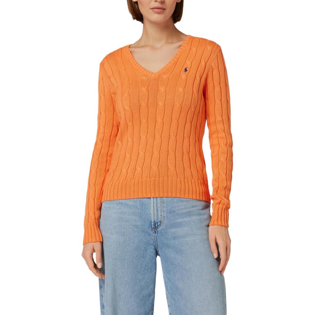 Женский свитер Polo Ralph Lauren SS23 с логотипом жаккардовой вязки в рубчик, с круглым вырезом, оранжевый 211891641-008