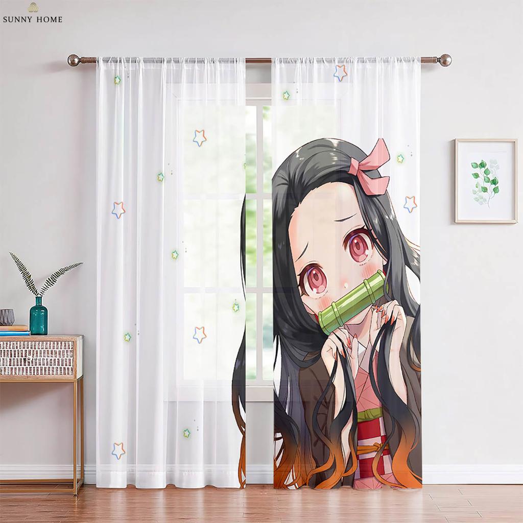 Hot-Blooded Girl Anime Printed Curtains Suitable For Children's Room Dormitory Living Room Study Room Decorative Curtains 2 PCS