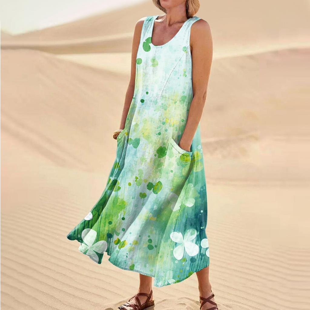 Women's Casual Comfort St. Patrick's Day Printed Sleeveless Pocket Dress