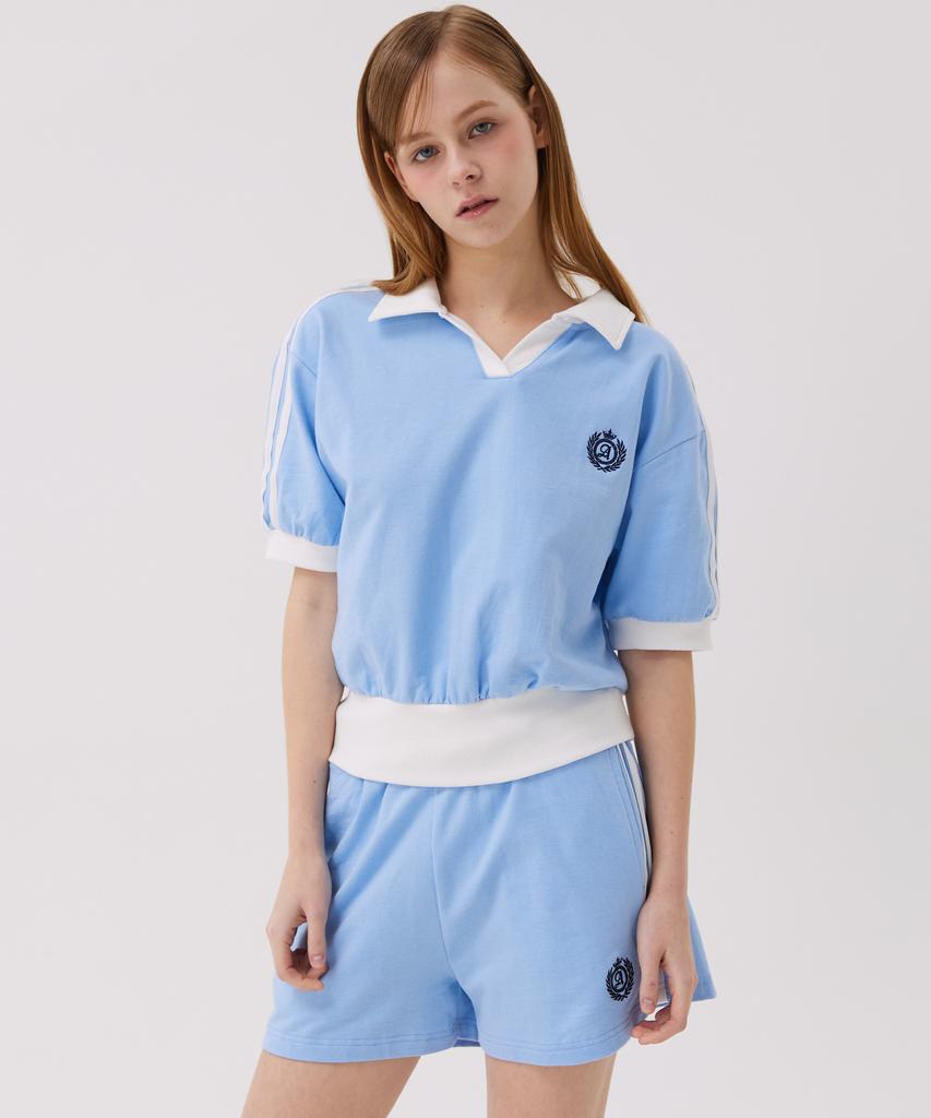 AWESOME STUDIO [Set] Sporty Color Block Collared Short Sleeve + Line Color Block Shorts Sky Blue