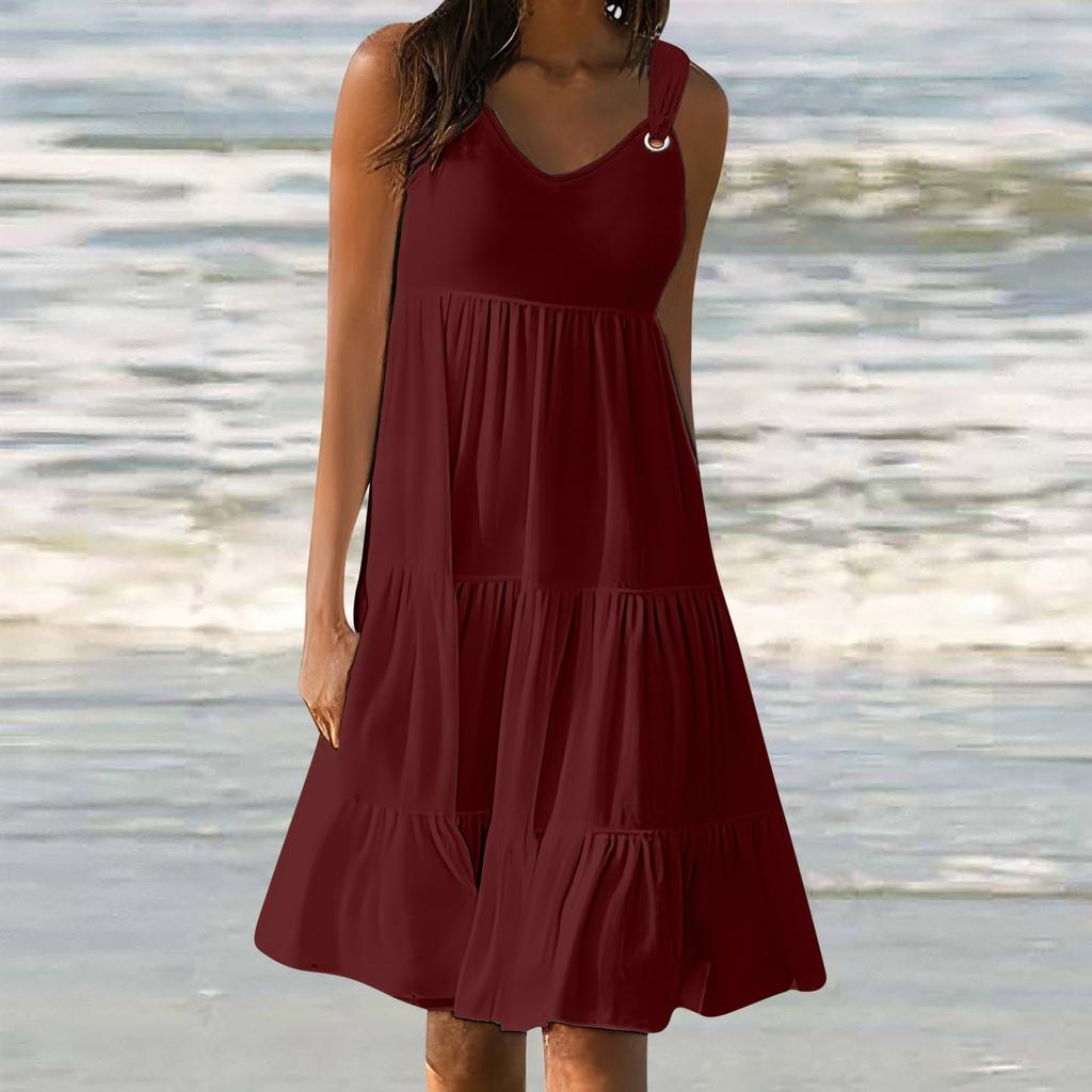 YYFS Women's Fashion Summer Spring Solid Color Print Sleeveless V-Neck Middle Waistline Casual Dresses