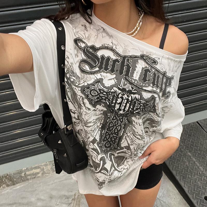 Gothic Print Loose T Shirts Women Casual White T-shirts Spring Autumn Oversized Tees Y2k Tops Streetwear
