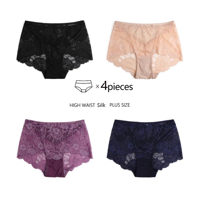 4pcs Plus Size M-XXL Panties Lace Floral Mid Rise Women Underwear Briefs High Quality Panty