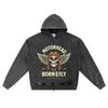 DTG Print Knitted Denim Zip-Up Hoodie Streetwear Motorcycle Brother Print Zipper Hoodies  