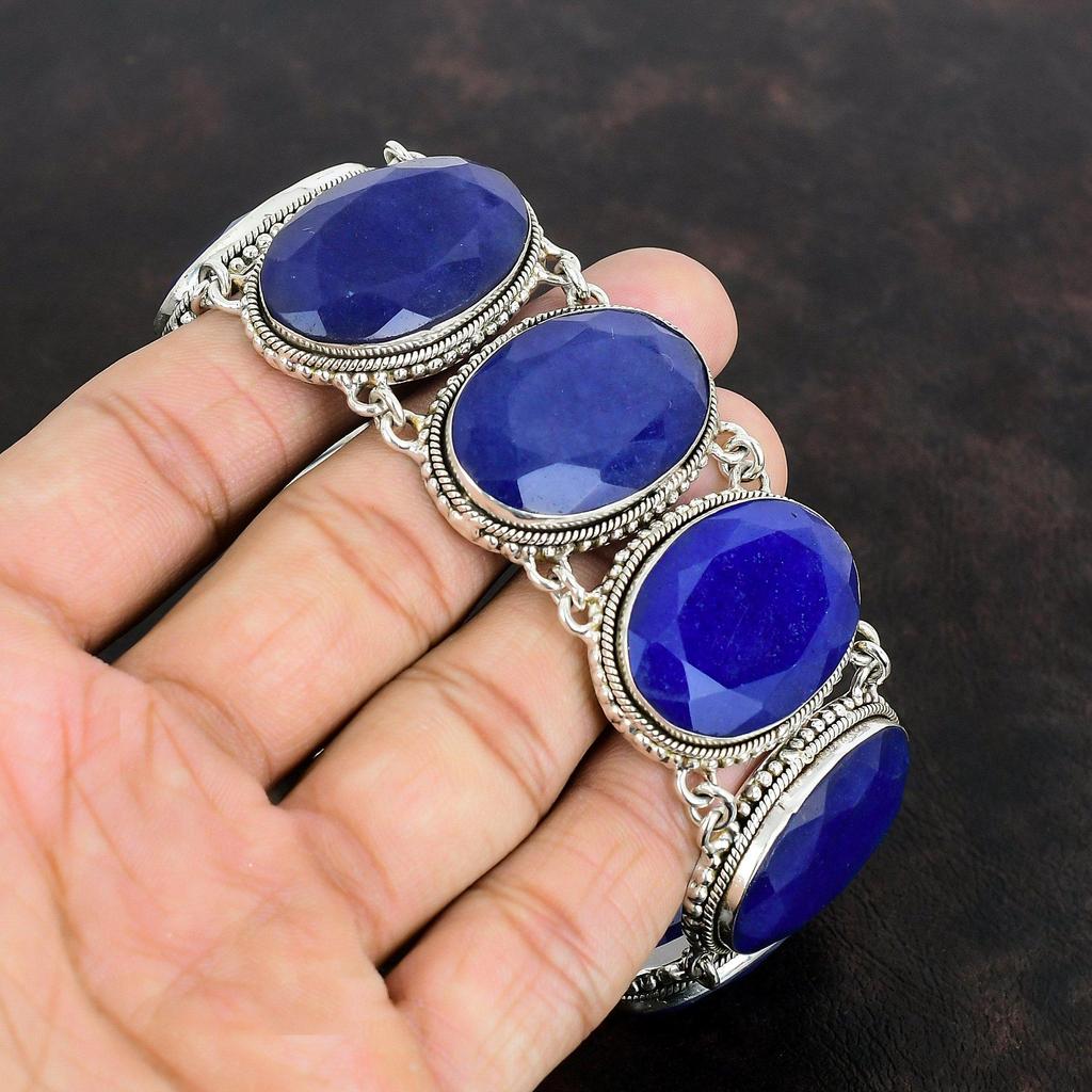 Браслет с граненым синим сапфиром, браслет из стерлингового серебра 925 пробы, ювелирные изделия ручной работы, регулируемый браслет-цепочка, драгоценные камни, винтажные ювелирные изделия, свадебный подарок