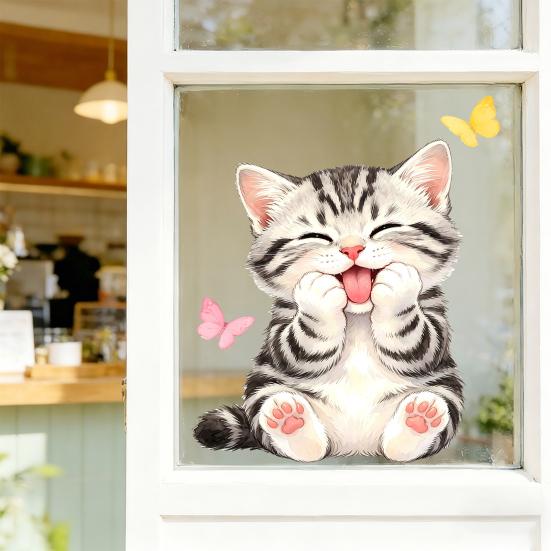 Милая наклейка на окно с котенком, Мультяшные наклейки с котенком и бабочкой, Многоразовая статическая наклейка на стекло с акварельным животным для детской комнаты, декора ванной комнаты