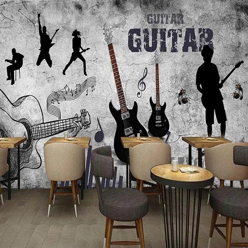3d Mural Ретро Ручная роспись Музыкальная Тема Гитара Граффити Обои Ресторан Бар Фрески