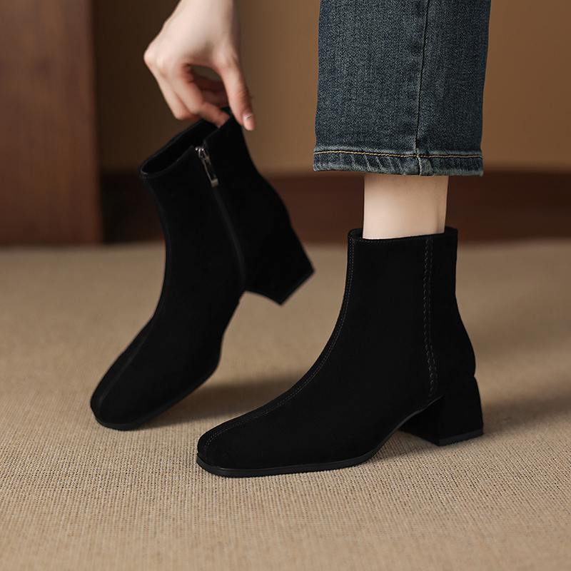 Krazing Pot 2026 Cow Suede Nubuck Winter Square Toe Chunky Heels Chelsea Fashion Boots Women Zip Retro Women Ankle Boots