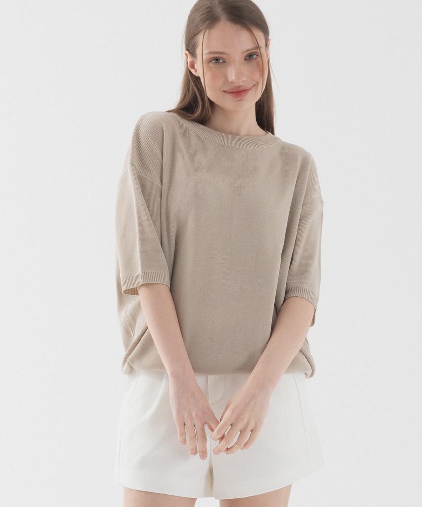 PIANER Classic Round Neck Short Sleeve Knit (Beige)