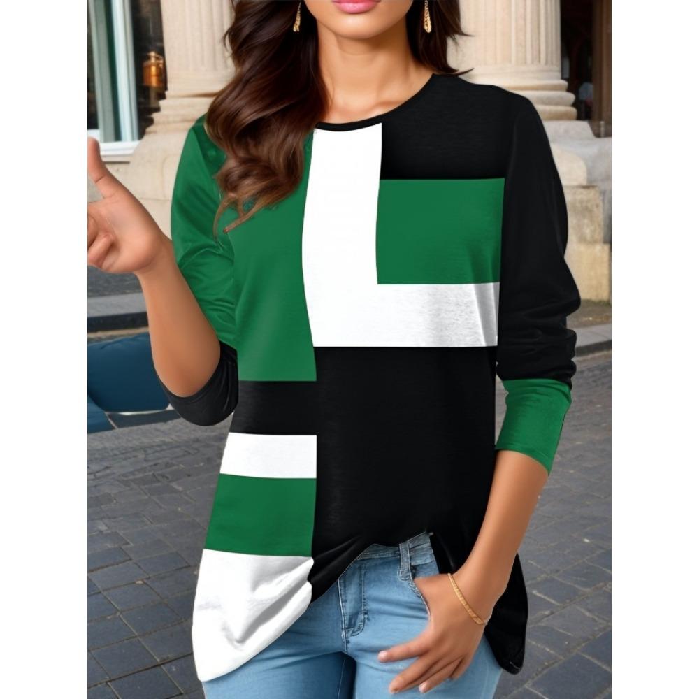 Женская новая модная футболка с принтом, круглым вырезом и длинными рукавами