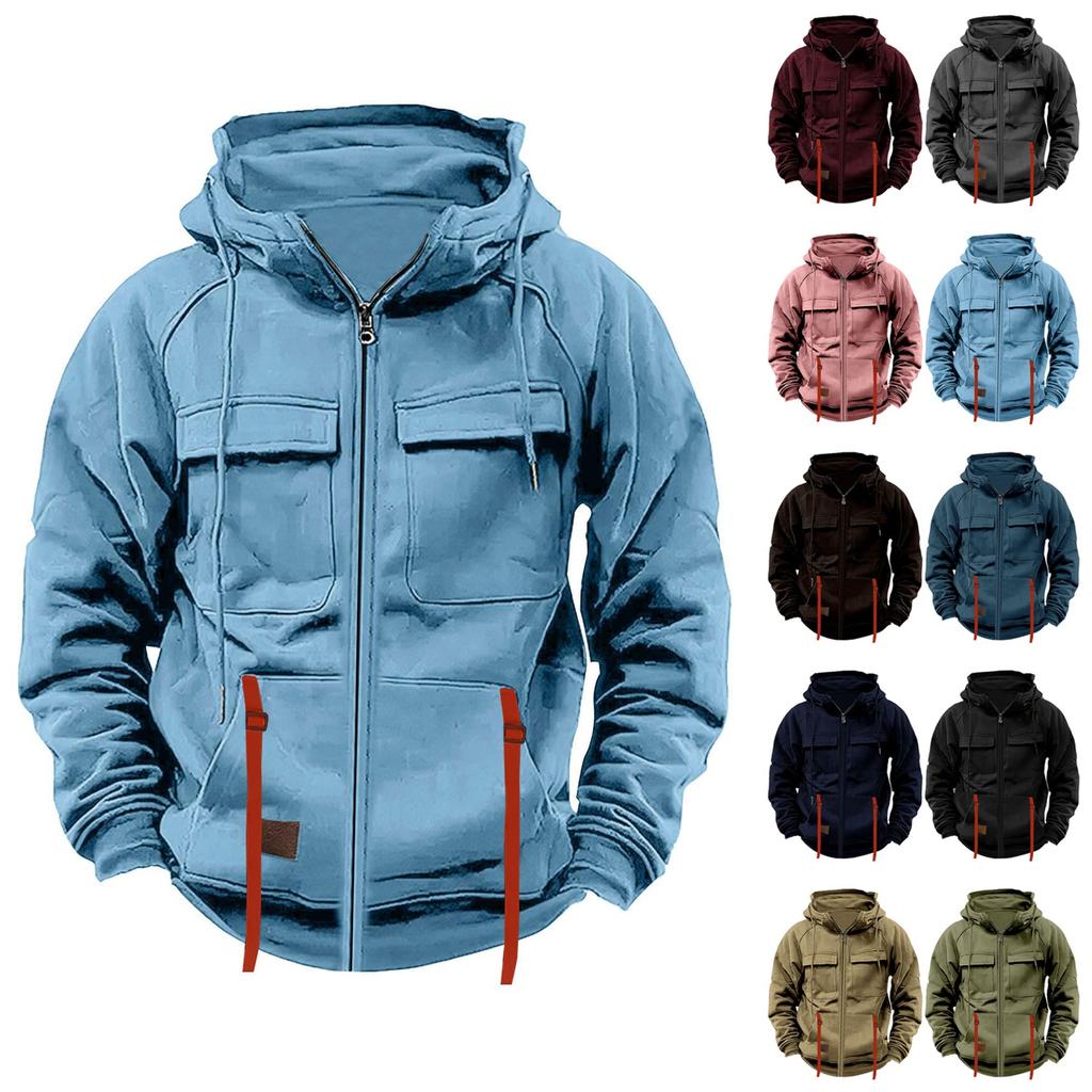 Men's Fashionable Solid Color Long Sleeve Hooded Loose Sweatshirt Sports Multi Pocket Sweatshirt Jacket