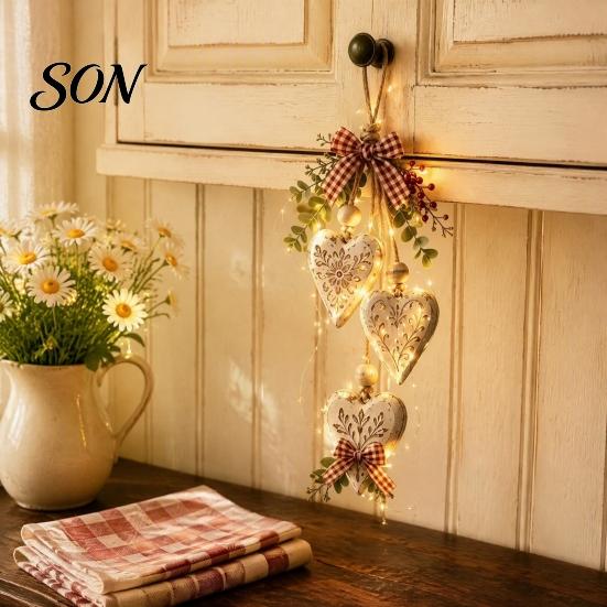 Natural Jute Rope Decor Heart-Shaped Wooden Decorative Hanging Ornaments with LED Light, Rustic Farmhouse Heart Wall Pendant Bead Vintage Beads & for