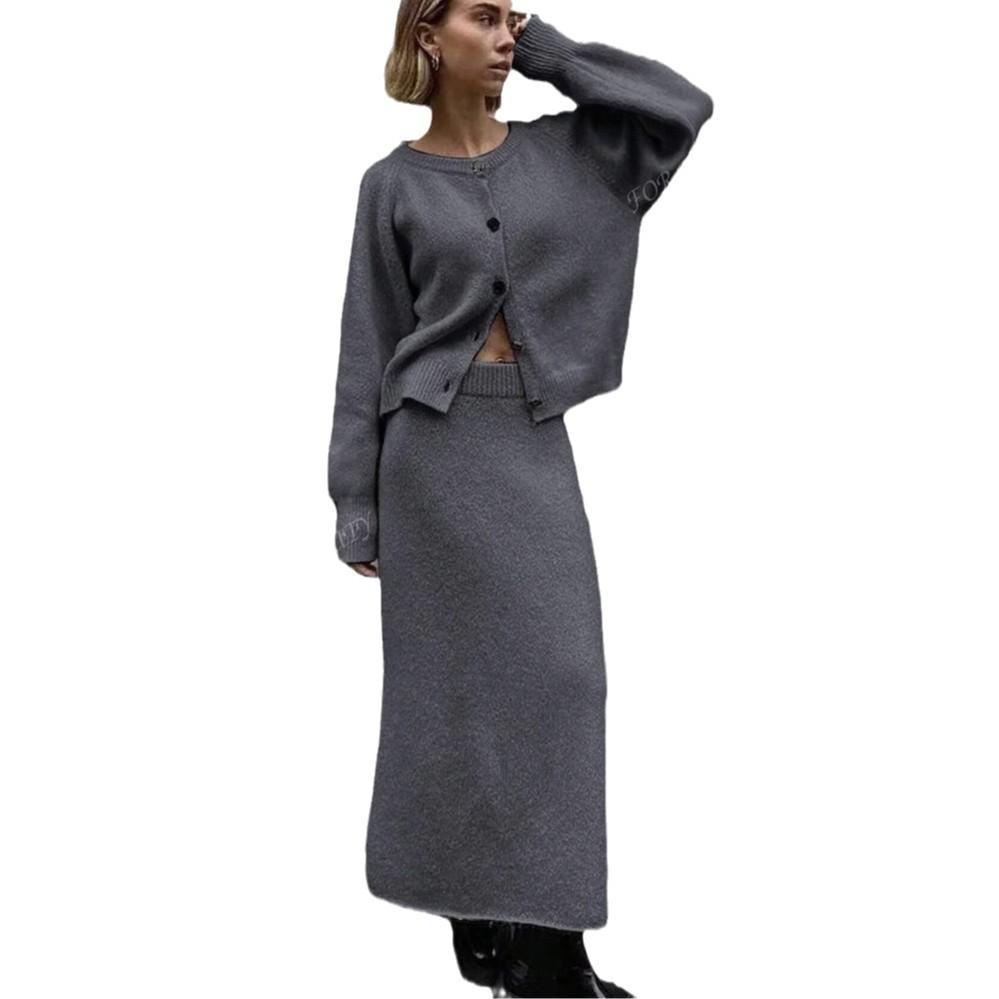 Осень 2024 Женский трикотажный топ однотонной расцветки и комплект длинной юбки с высокой талией