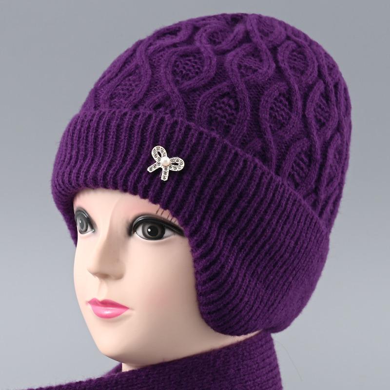 Шляпа Леди Зима Пожилая Леди Кроличий Мех Теплая Защита Ушей Шерстяная Шапка Флис Теплая Вязаная Шапка