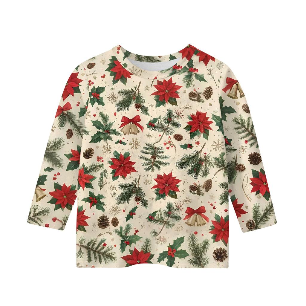 Детские топы с рукавом 3/4, повседневная футболка с рождественским принтом, пуловер с круглым вырезом