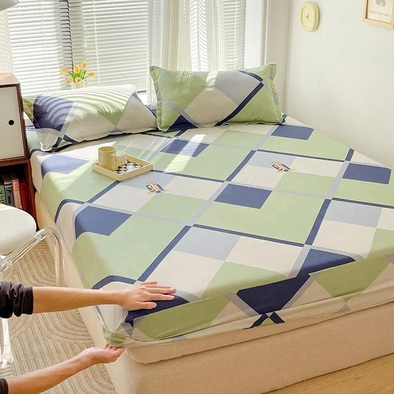 Зеленый клетчатый узор Набор простыней на резинке Любовь Сердце Защитный чехол для матраса 3 предмета Хлопковый постельный комплект Дышащий, приятный для кожи