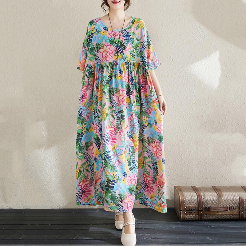 Новые платья из хлопка с короткими рукавами больших размеров и цветочным принтом для женщин, повседневные свободные длинные летние платья