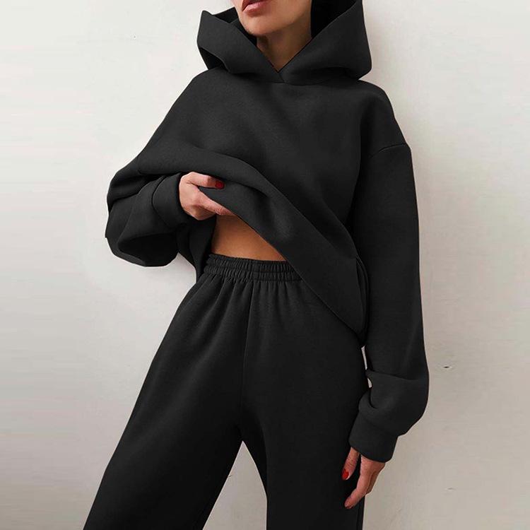 Spring new women's clothing, European and American hooded sweater trousers set, solid color fashion and casual two-piece set