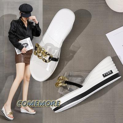 2024 Лето Новая мода Открытый Пляж Металлическая Цепочка Прозрачные Танкетка Каблуки Тапочки Женские Удобные Круглые Носки Белые Нескользящие