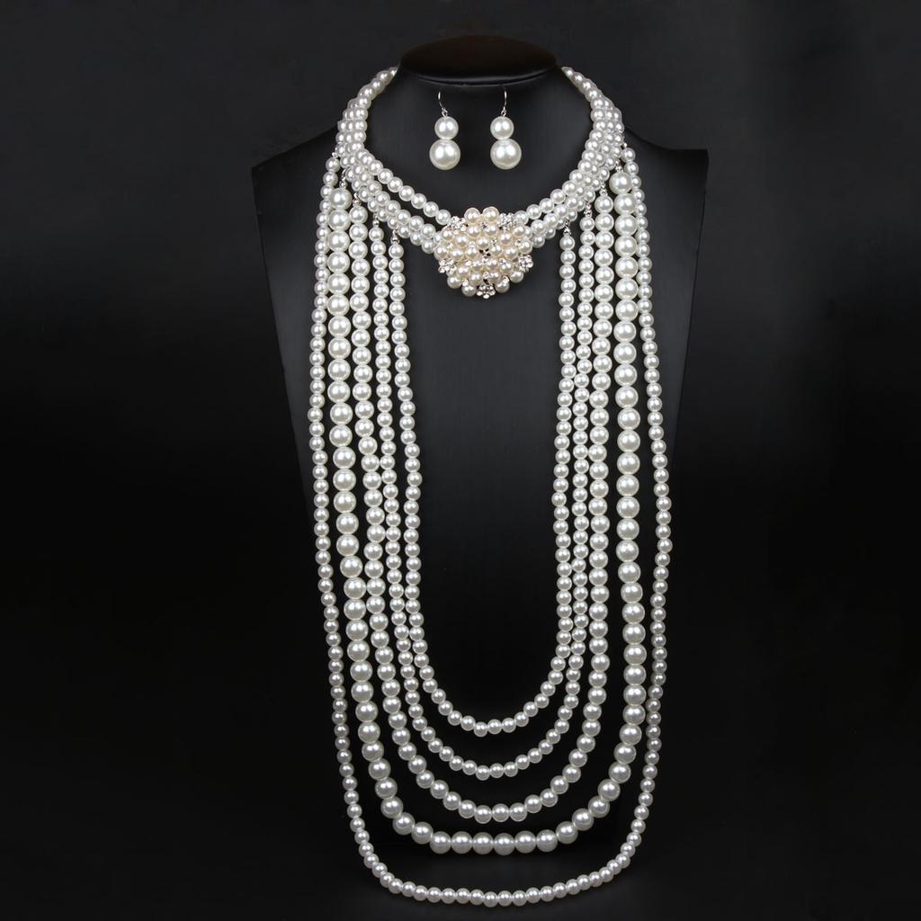 Multi-Layer Exaggerated Diamond-Encrusted Flower Pearl Necklace Earrings Set Women'S Long Sweater Chain