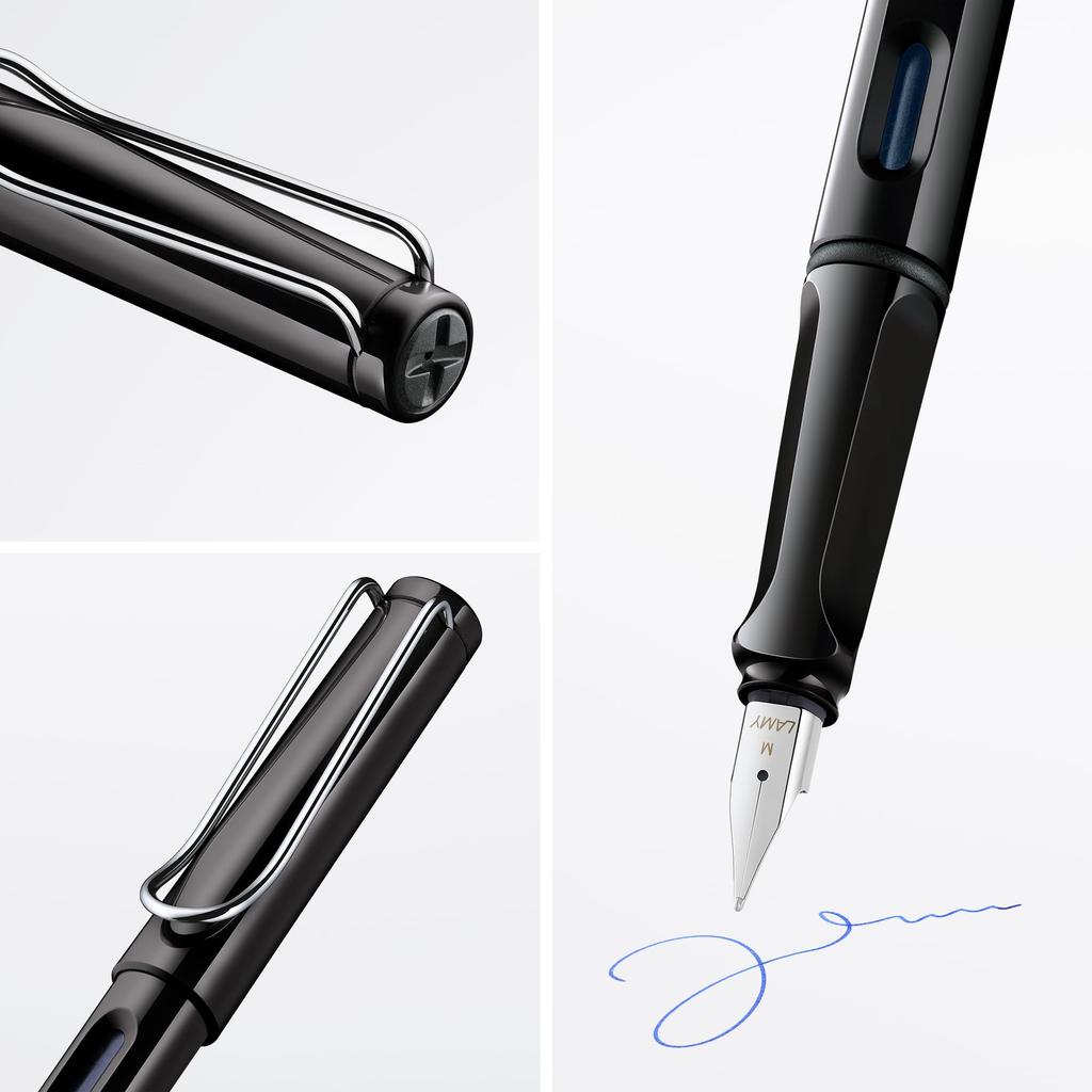Lamy Safari Черный Глянцевый Черный Цвет Эргономичная Рукоятка и Полированная Сталь Размер F Идеально Подходит для Письма и Каллиграфии Включает Картридж с Чернилами LAMY T10 Синий
