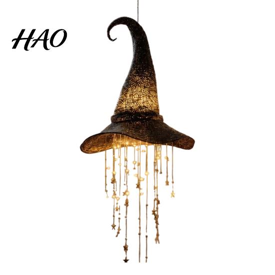 Outdoor Festive Hanging Stars Light Up Witch Hat Lamp, Glowing Halloween Ornament with Twinkling Magical Atmosphere Prop Moon, Indoor Porch